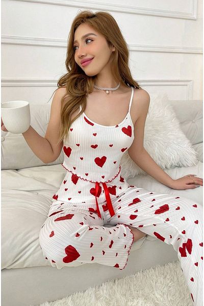 BELLA NOTTE Cotton Heart Printed Rope Strap Pajamas Set