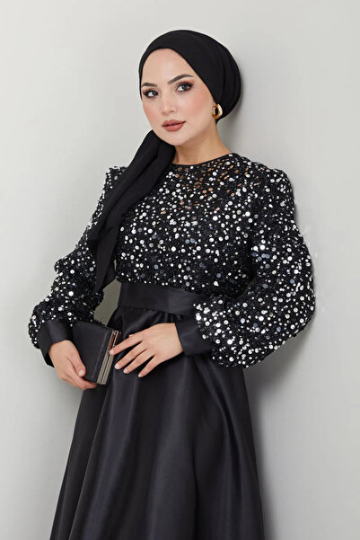 ModaMerve Kadın Pul Detaylı Saten Tesettür Mezuniyet Abiye Elbisesi