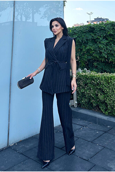 pembekurdelem طقم بنطلون سترة مخططة باللون الأسود للنساء