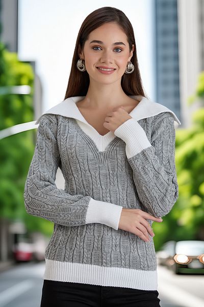 hanope Polo de damă cu decolteu în V Manșetă Detaliat tricot elegant Tricoturi cu modele Pulover gri tricotat