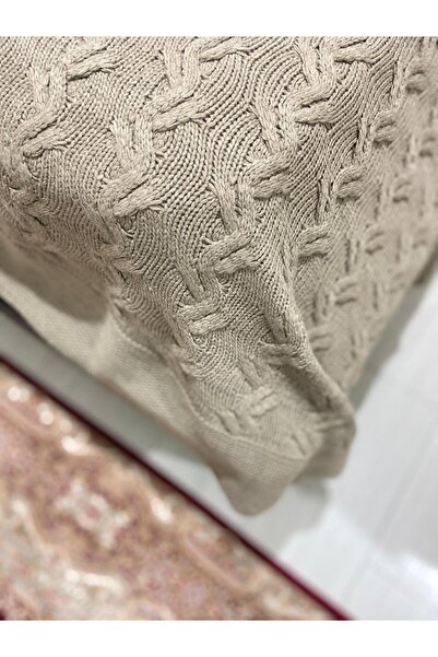 YGT Home Ay Triko Örgülü Çift Kişilik Yatak Örtüsü Bisküvi | Çift Kişilik Battaniye 240x260