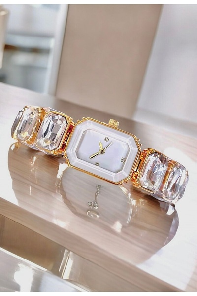 QAYYO ساعة يد نسائية أنيقة مع حبل حجري أنيق مستطيل الشكل باللون الأبيض