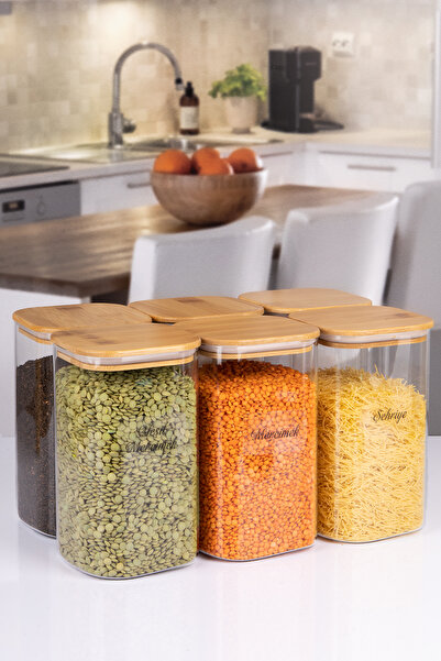 naturelove 6 عبوات من جرة طعام مفرغة من الخيزران مع غطاء زجاج بوروسيليكات مرب...