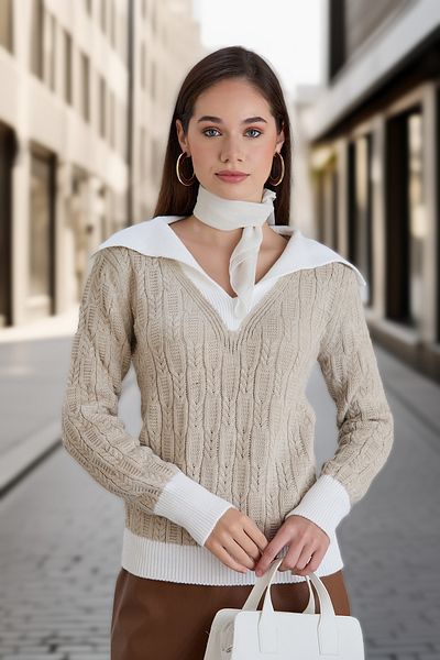 hanope Women's Polo V-Neck Detailed Stylish Knitted Patterned Knitwear Knitted Stone Sweater