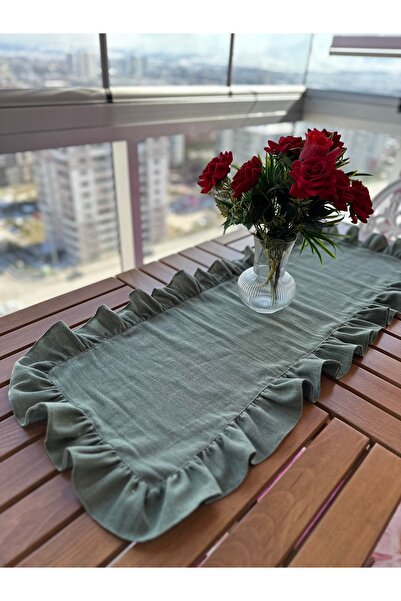 Blue Atelier Haki Yeşil Fırfırlı Keten Runner 40x110