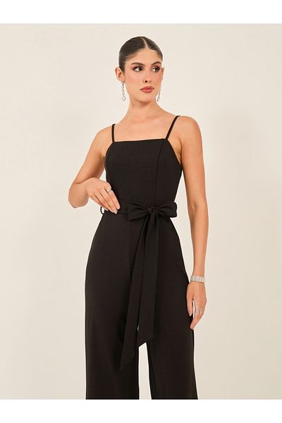 Styli Solid Strappy Wide Leg Jumpsuit with Waist Tie-Up Detail