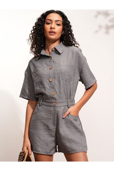 Tokyo Talkies By Styli Textured Collared Jumpsuit with Button Detail