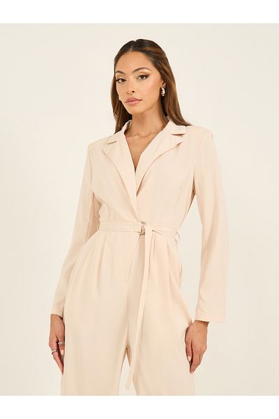 Styli Lapel Collar Straight Leg Jumpsuit with Belt