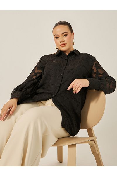 Styli Plus Size Burn Out Lace Detail Collared Balloon Sleeve Shirt