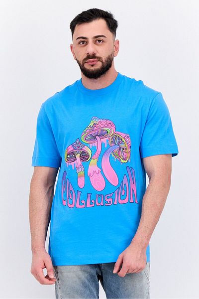 collusion Men Crew Neck Short Sleeves Graphic Printed T-shirt, Blue