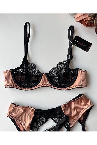 İntive Lingerie Costum cu jartieră din satin și dantelă Intive Focus negru/bej (producție personalizată)