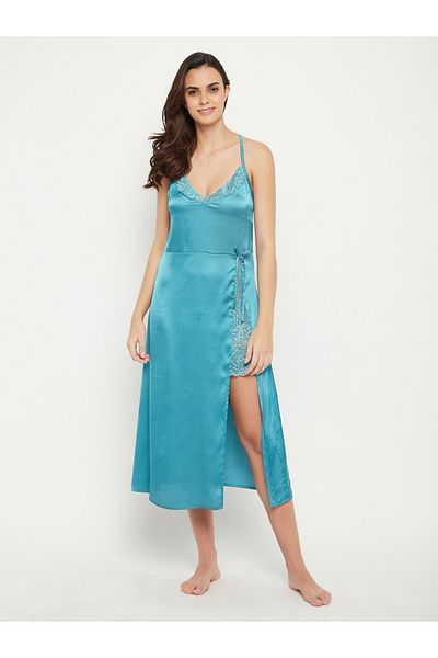 Clovia By Styli Satin Lace Insert Strappy Slip Dress with Front Slit