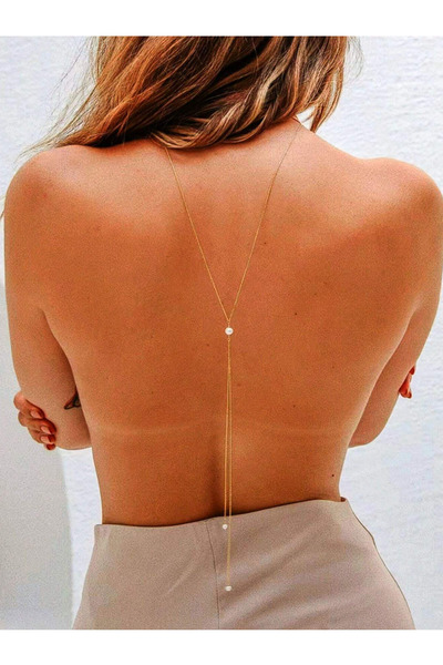 Mupten Incili Şık Motifli Sırt Aksesuarı Sırt Zinciri Gold, Vücut Aksesuarı