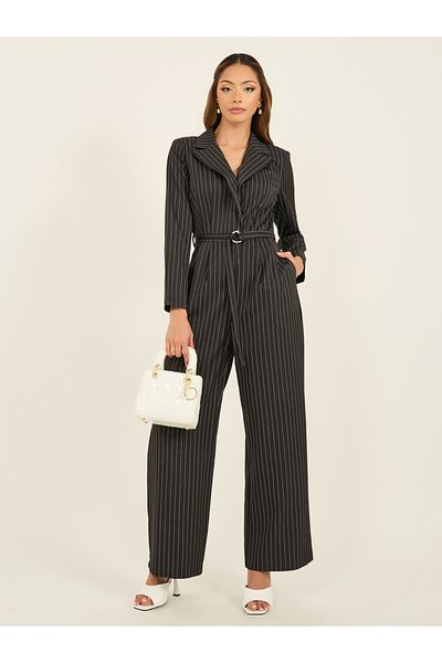 Styli Striped Notch Label Wide Leg Jumpsuit with Belt