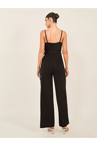 Styli Solid Strappy Wide Leg Jumpsuit with Waist Tie-Up Detail