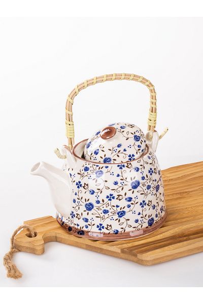 MUKKO HOME Wicker Handle Porcelain Teapot with Flower Pattern, 900ml Tea, Coffee, Herbal Tea Presentation