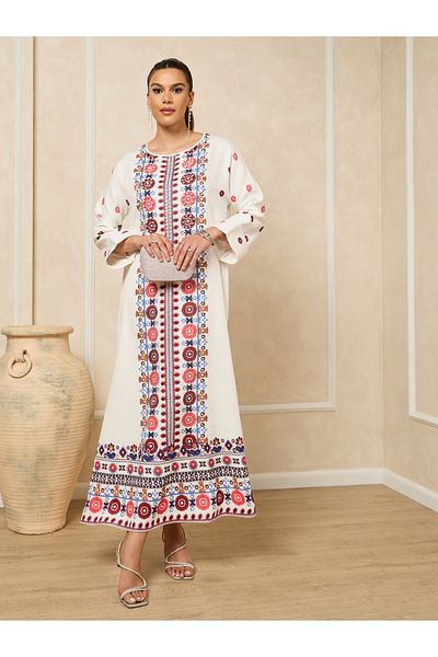 Styli Embroidered Panel Round Neck A-Line Jalabiya With Pearl Embellishment