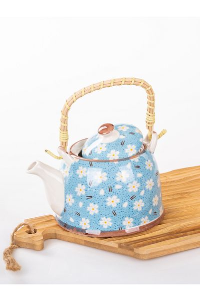 MUKKO HOME Wicker Handle Porcelain Teapot with Flower Pattern, 900ml Tea, Coffee, Herbal Tea Presentation