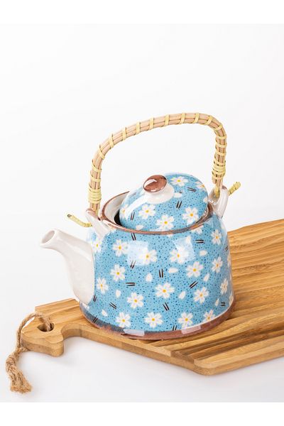 MUKKO HOME Wicker Handle Porcelain Teapot with Flower Pattern, 900ml Tea, Coffee, Herbal Tea Presentation