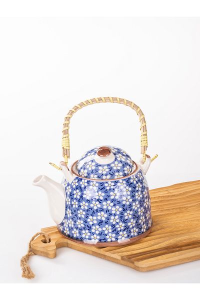 MUKKO HOME Wicker Handle Porcelain Teapot with Flower Pattern, 900ml Tea, Coffee, Herbal Tea Presentation