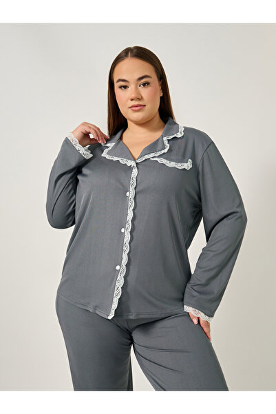 Styli Plus Size Rib Knit Lace Trim Shirt and Pyjama Set