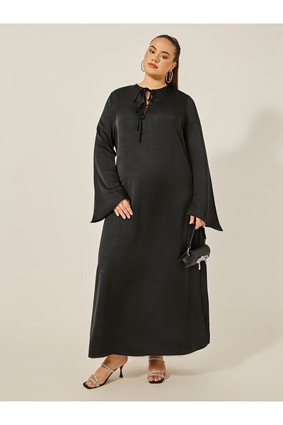 Styli Plus Size Textured Tie-Up Neck A-Line Maxi Dress
