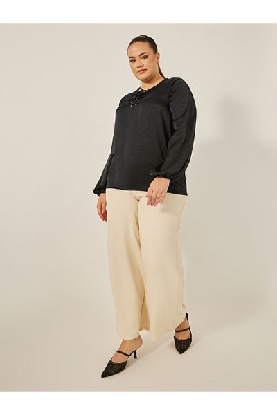 Styli Plus Size Satin Balloon Sleeve Tie-Up Detail Blouse