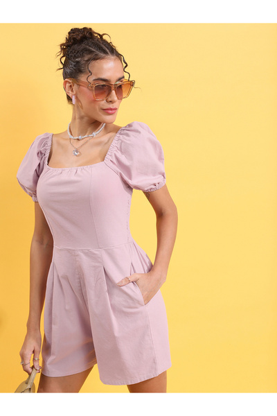 Tokyo Talkies By Styli Puff Sleeve Square Neck Pleated Jumpsuit