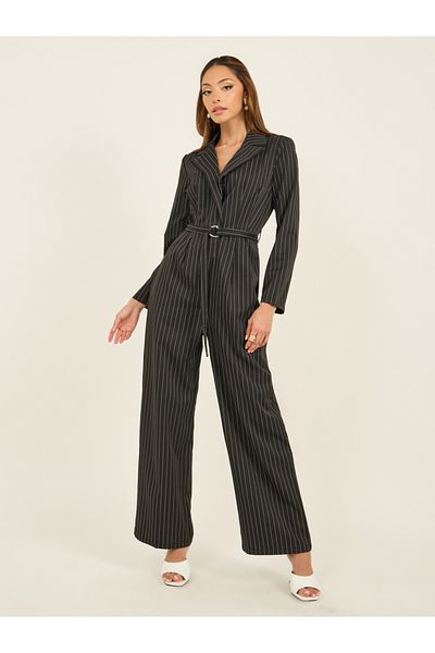 Styli Striped Notch Label Wide Leg Jumpsuit with Belt