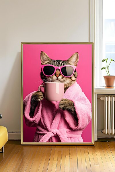 HandMadeBuy Kahve Içen Kedi Çerçevesiz Poster, Pinterest Poster Tablo ,tablo ...