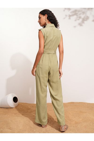Tokyo Talkies By Styli Solid Sleeveless Collared Jumpsuit with Belt Detail