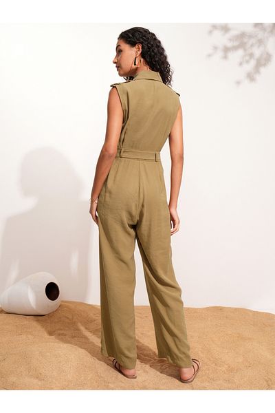Tokyo Talkies By Styli Solid Sleeveless Collared Jumpsuit with Belt Detail