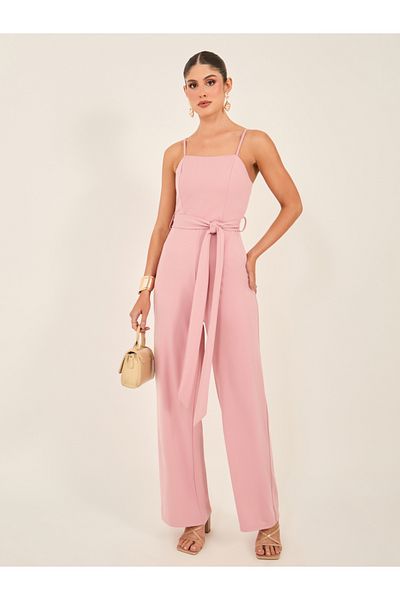 Styli Solid Strappy Wide Leg Jumpsuit with Waist Tie-Up Detail