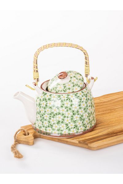 MUKKO HOME Wicker Handle Porcelain Teapot with Flower Pattern, 900ml Tea, Coffee, Herbal Tea Presentation