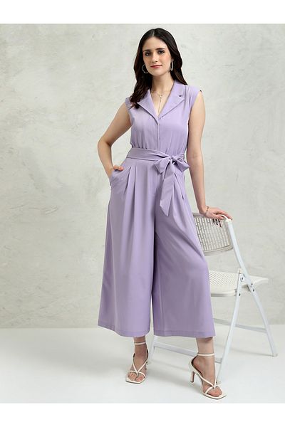 Tokyo Talkies By Styli Solid Collared Culotte Leg Jumpsuit with Waist Tie-Up Detail