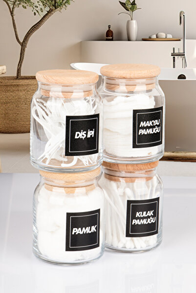 naturelove Set de 4 recipiente din lemn cu capac cu vid pentru bumbac de urec...