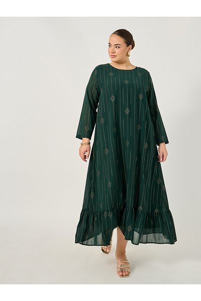 Styli Plus Size Embellished Round Neck Ruffled Hem Jalabiya