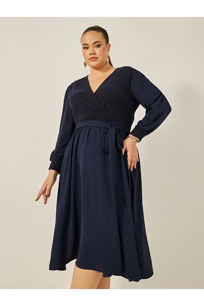 Styli Plus Size Textured V-Neck A-Line Midi Dress with Waist Belt Detail
