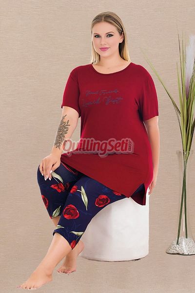 quilling Navy Blue Color, Floral Patterned Large Size Leggings & Capri Mother Pajama Set