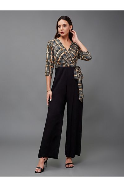 Styli Checkered Wrap Wide Leg Viscose Jumpsuit with Tie-Up Detail