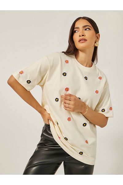 Styli All Over Embroidered Oversized Longline T-Shirt