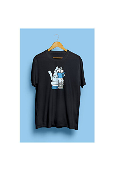 HOFFNUNG تي شيرت مطبوع بتصميم قطة عاشقة للكتب