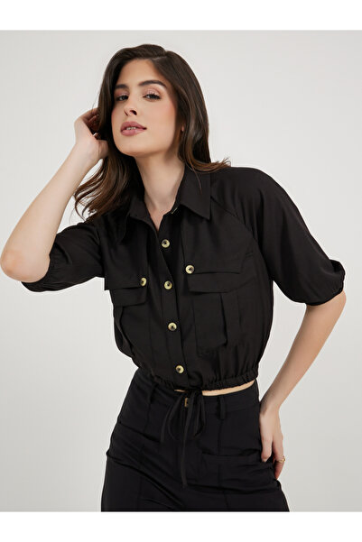 Styli قميص قصير بأكمام منفوخة مع رباط وتفاصيل جيوب