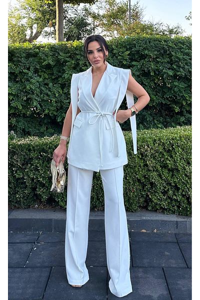 pembekurdelem Women's Tie-Up Vest, Pants Suit and White Color