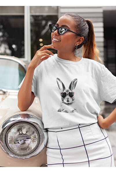 MG تي شيرت نسائي مطبوع عليه أرنب برقبة دائرية من القطن مقاس كبير وأكمام قصيرة
