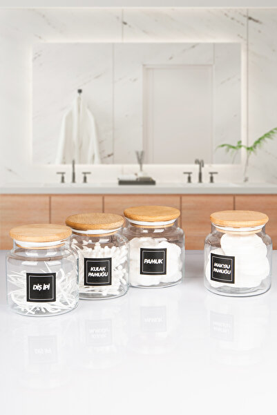 naturelove Set de 4 recipiente din lemn cu capac cu vid pentru bumbac de urec...