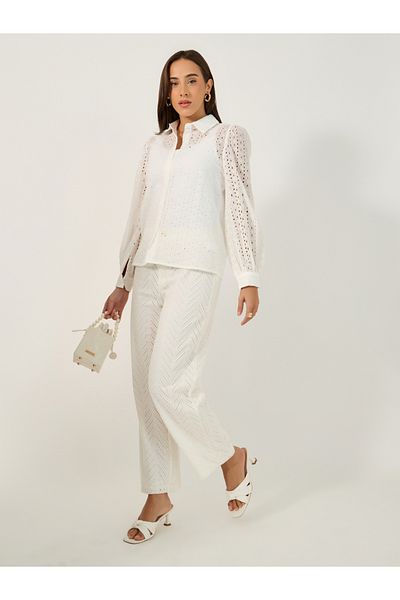 Styli Schiffli Balloon Sleeve Spread Collar Shirt