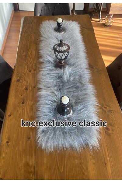 KNC EXCLUSİVE CLASSİC مفرش طاولة من الفرو الرمادي من Runner، ديكور أنيق فاخر، ديكور عصري أنيق