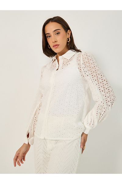 Styli Schiffli Balloon Sleeve Spread Collar Shirt