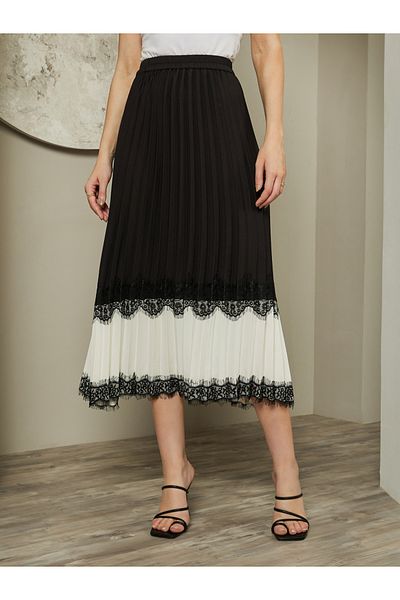 Styli Color Block Pleated A-Line Midi Skirt with Lace Trim